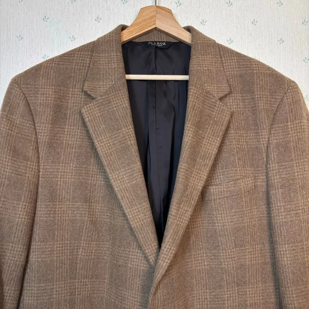 Jos a Bank 100% Camel Hair Sport Coat Size 46L Glen Plaid Brown Travel Business